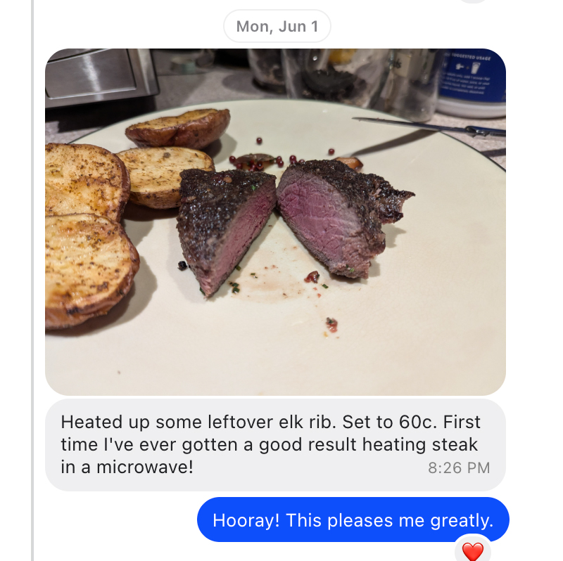 Customer text thread showing reheated elk rib and positive feedback about Radiant Microwave.