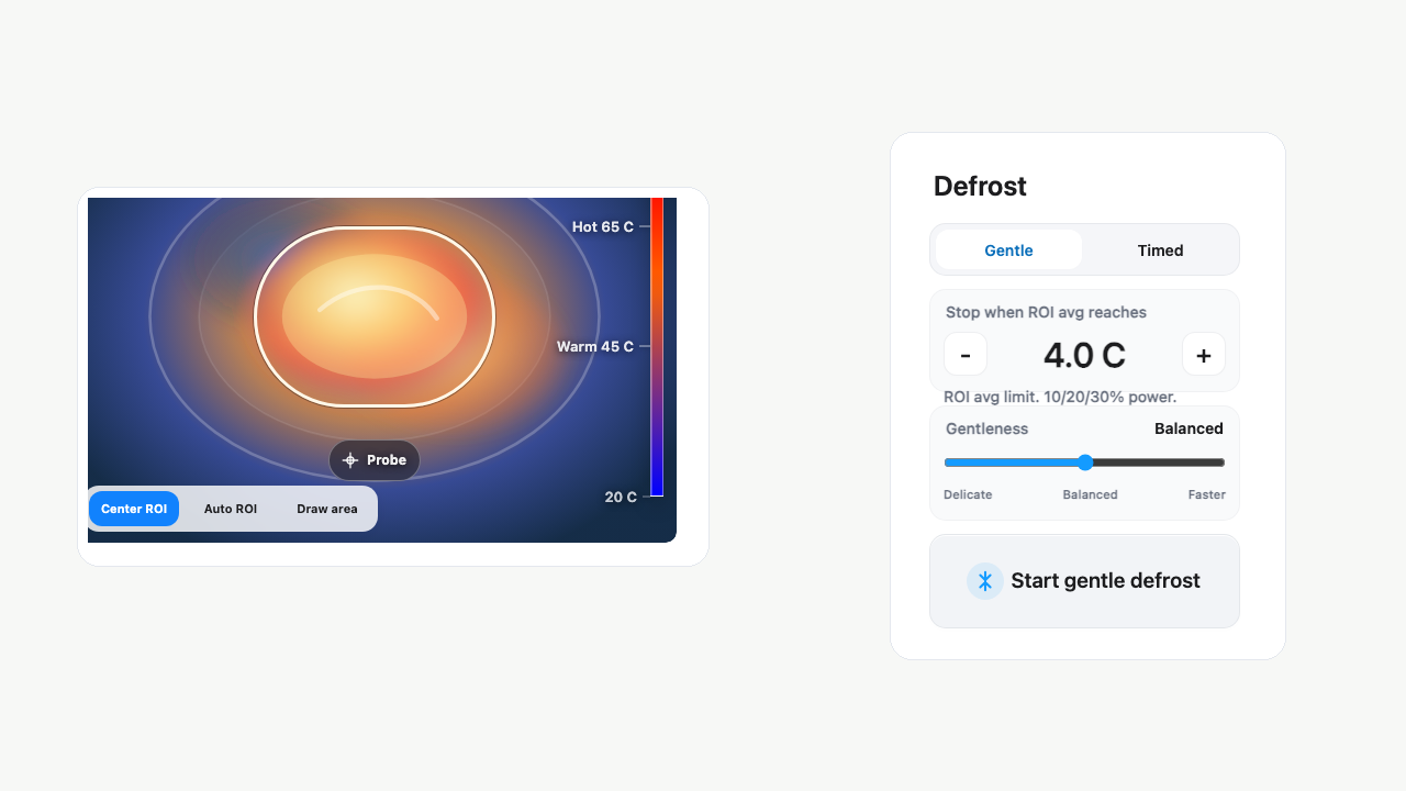 Defrost setup screen with gentle defrost temperature limit, gentleness slider, and start button