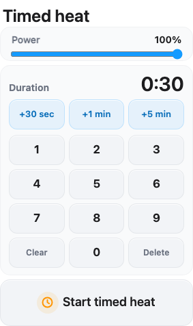 Timed heat setup panel with power slider, duration keypad, and start button